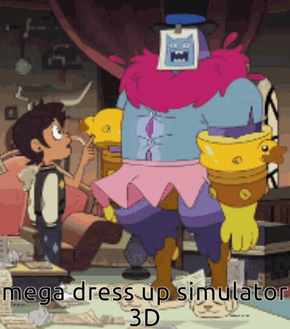 a cartoon of a girl talking to a monster with the words mega dress up simulator 3d below it
