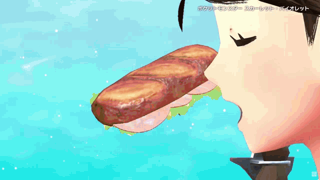 a man is eating a sandwich with chinese writing on the bottom right