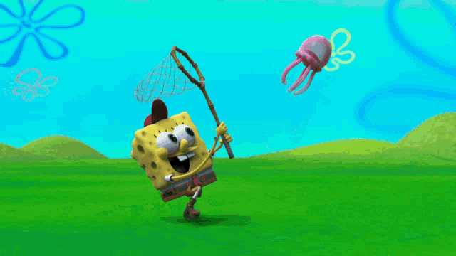 a cartoon of spongebob and a jellyfish in a field