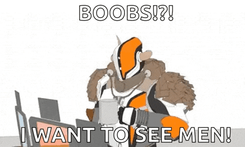 a cartoon character is standing in front of a computer with his arms outstretched and the words `` boobs ! ''
