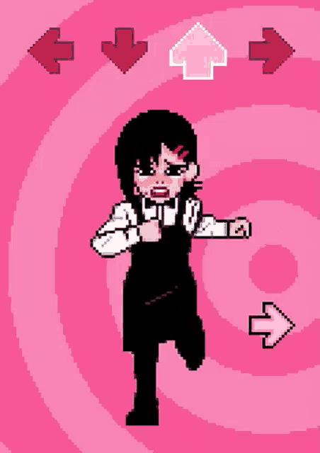 a pixel art of a girl standing in front of a pink circle with arrows pointing in opposite directions .