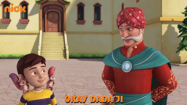 a nick cartoon shows a man and a boy standing in front of a building