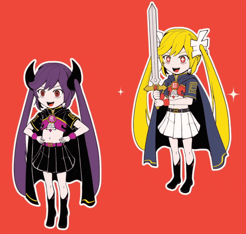 a cartoon of a girl holding a sword and another girl holding a bat