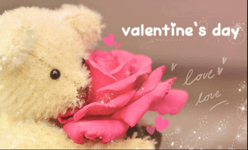 a teddy bear holding a pink rose with the words valentine 's day written on the bottom