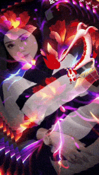 a woman is surrounded by purple and red flowers and has a dragon in her hand