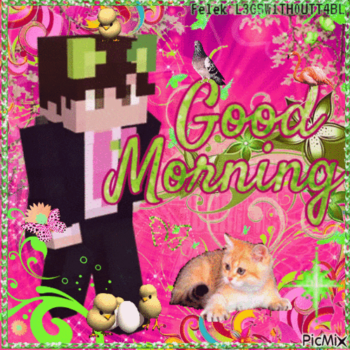 a picture of a minecraft character with the words good morning written on it