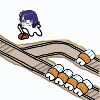a cartoon of a girl riding a roller coaster with a bunch of rolls on the tracks
