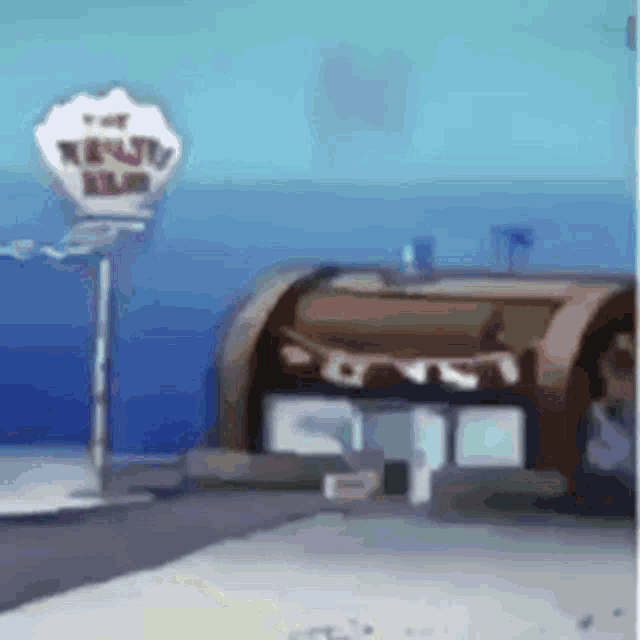 a cartoon drawing of a crab house with a sign that says the krusty krab