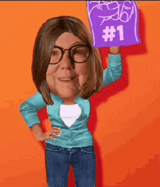 a woman wearing glasses is holding a foam finger that says # 1