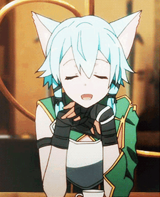 a cartoon character with cat ears is sitting at a table with a cup of coffee