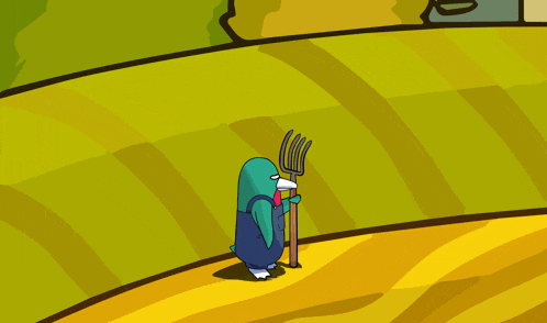 a cartoon of a penguin holding a pitchfork in a field