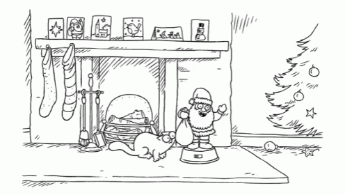 a black and white drawing of a fireplace with a cat and santa claus