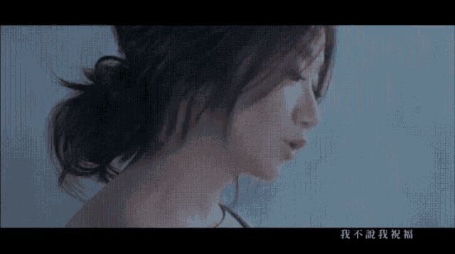 a close up of a woman 's face with chinese writing below her