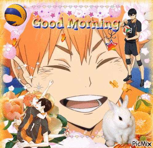 a collage of anime characters with the words good morning written on the top