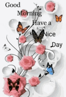 good morning have a nice day with roses and butterflies .