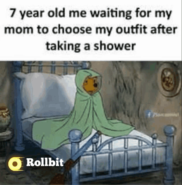 winnie the pooh is sitting on a bed waiting for his mom to choose his outfit after taking a shower