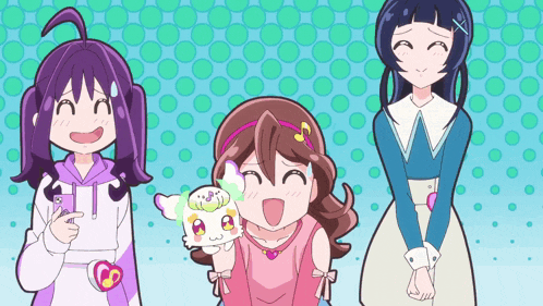 three anime girls are standing next to each other