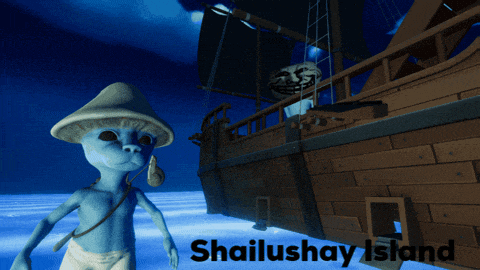 a cartoon character standing next to a ship with the words shailushay island below it