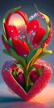 a heart shaped flower is growing out of a strawberry