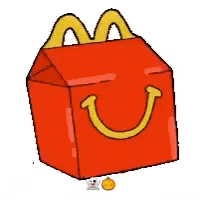 a cartoon drawing of a mcdonald 's happy meal box with a dog inside .