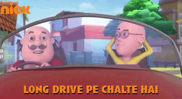 two cartoon characters are driving a car with the words long drive pe chalte hai on the bottom
