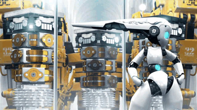 a robot is standing in front of a stack of machinery with the numbers 929 on them