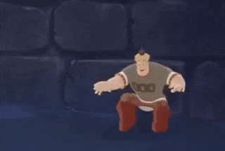 a cartoon man is dancing in a dark room in front of a stone wall .