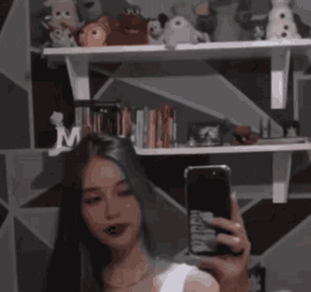 a woman is taking a selfie in front of a shelf with stuffed animals on it