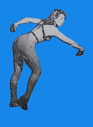 a black and white drawing of a woman throwing a ball on a blue background