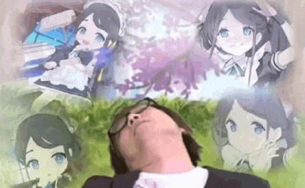 a man in a suit and tie is laying down in front of a collage of anime characters .