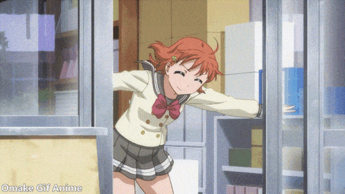 a girl in a school uniform is standing in front of a glass door with the words omake gif anime written below her