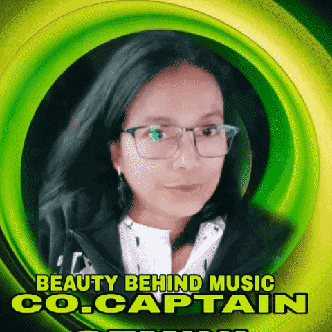a woman with glasses and the words beauty behind music co.captain