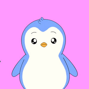 a blue and white penguin is standing next to a green penguin on a pink background