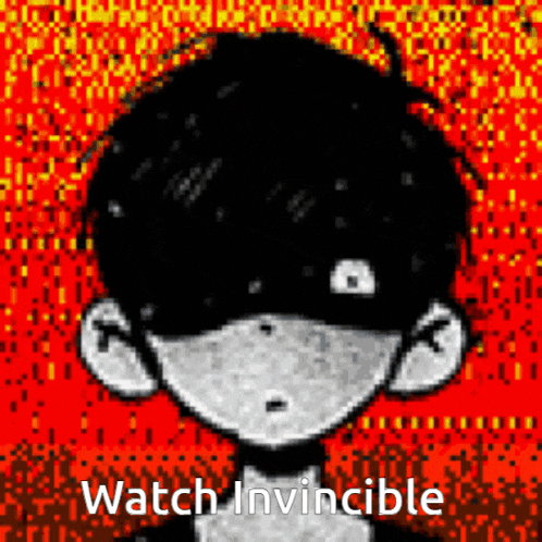 a pixel art drawing of a boy with the words watch invincible written below him