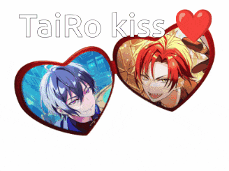 two anime characters in heart shaped frames with the words tairo kiss on the bottom