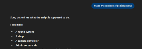 a black screen with a blue make me roblox script right now button on it