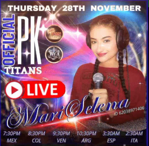 a poster for pk official titans shows a woman wearing headphones holding a microphone