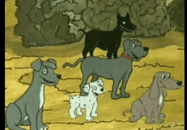 a group of cartoon dogs are standing and sitting