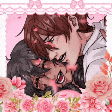 a couple of anime characters laying on top of each other with pink flowers in the background