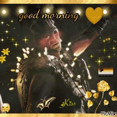 a picture of a man with a sword and the words good morning