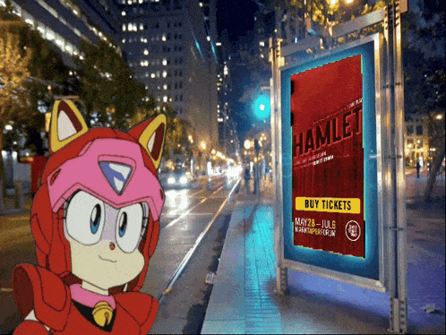 a cartoon character is standing in front of a sign that says hamlet