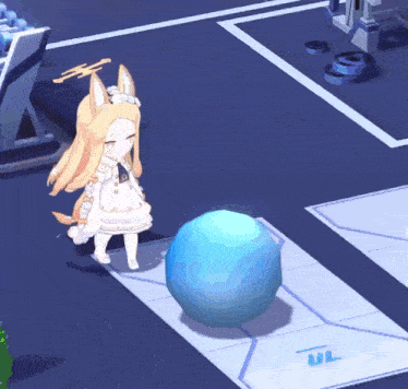 a girl in a white dress stands next to a large blue ball