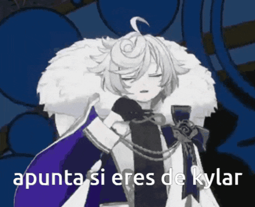 a cartoon character with white hair and a purple cape says apunta si eres de kylar