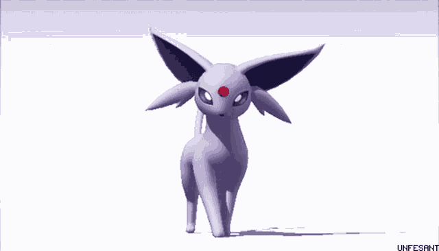 a purple eevee with a red eye is standing on a white surface