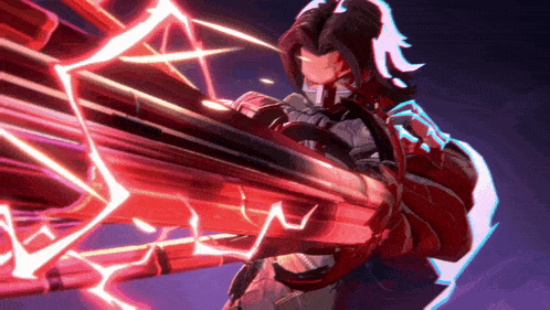 a video game character is holding a large red weapon