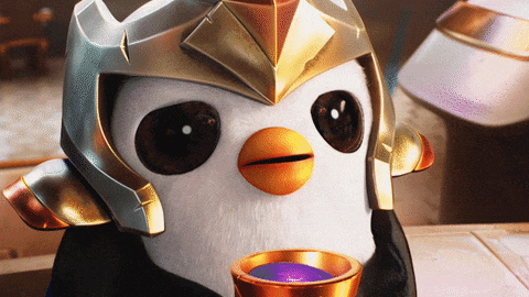 a penguin wearing a helmet and holding a cup with a purple liquid in it