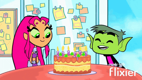 a cartoon of starfire and beast boy celebrating a birthday with a cake