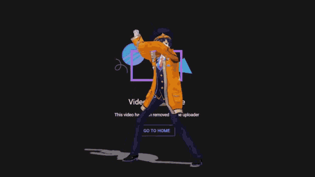a man in an orange jacket is standing in front of a black background and a go to home button