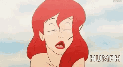 a cartoon of a little mermaid with red hair making a funny face and the word humph on the bottom .