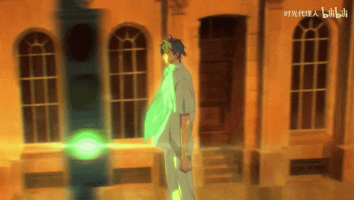 a man stands in front of a building with a green light behind him and the word bilibili on the bottom